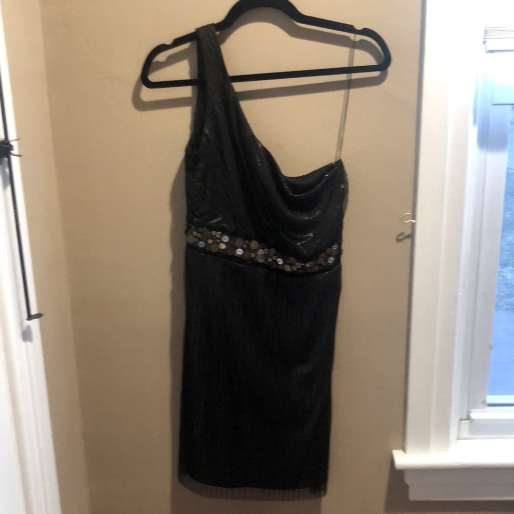 One shoulder black and gold iridescent dress